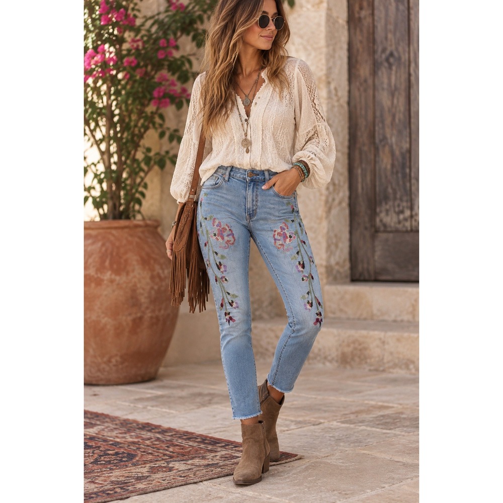 Venus Floral Embroidered Boho Jeans Size 6 Cottagecore‎ Y2k Fairycore Raw Hem